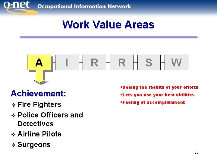 Work Value Areas A I Achievement: Fire Fighters v Police Officers and Detectives v