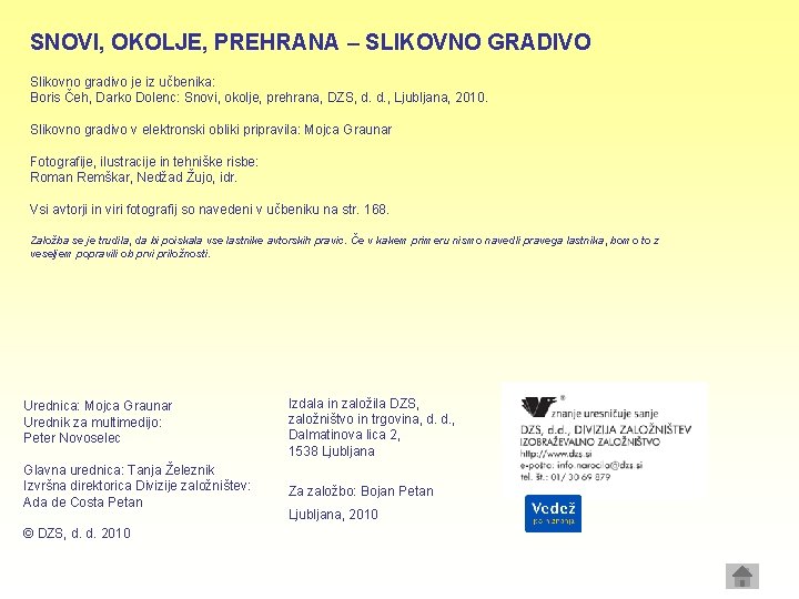 SNOVI, OKOLJE, PREHRANA – SLIKOVNO GRADIVO Slikovno gradivo je iz učbenika: Boris Čeh, Darko