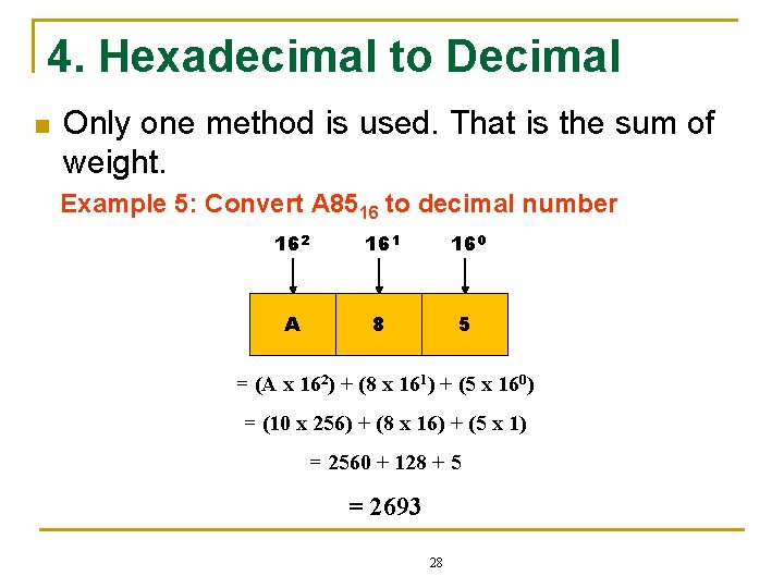 4. Hexadecimal to Decimal n Only one method is used. That is the sum