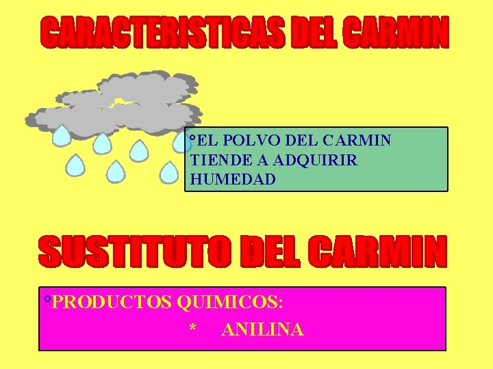 °EL POLVO DEL CARMIN TIENDE A ADQUIRIR HUMEDAD °PRODUCTOS QUIMICOS: * ANILINA 