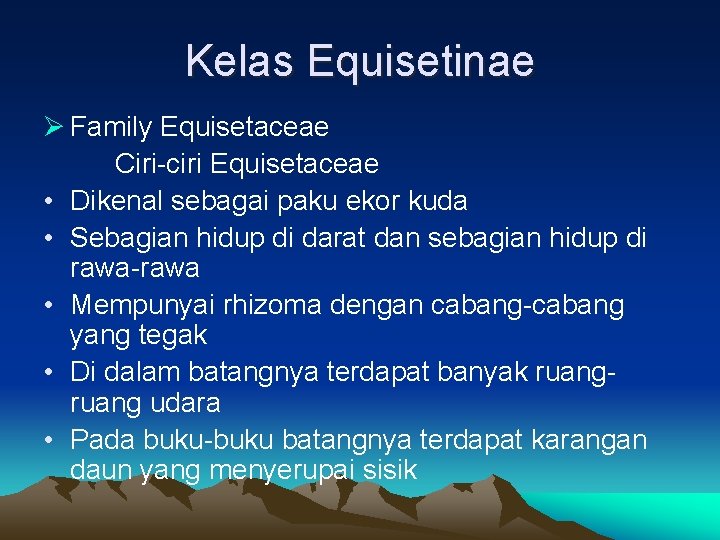 Kelas Equisetinae Ø Family Equisetaceae Ciri-ciri Equisetaceae • Dikenal sebagai paku ekor kuda • Kelas Equisetinae Ø Family Equisetaceae Ciri-ciri Equisetaceae • Dikenal sebagai paku ekor kuda •