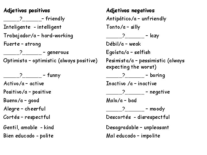 Adjetivos positivos Adjetivos negativos _____? ______– friendly Antipático/a – unfriendly Inteligente - intelligent Tonto/a