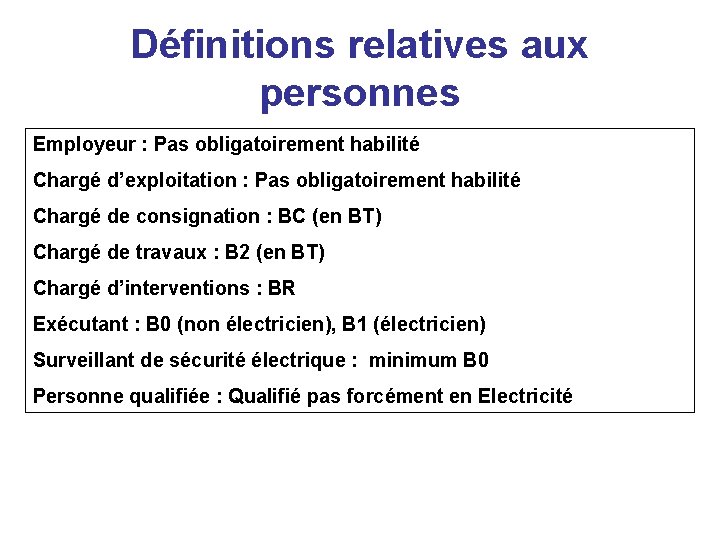 Définitions relatives aux personnes Employeur : Pas obligatoirement habilité Chargé d’exploitation : Pas obligatoirement