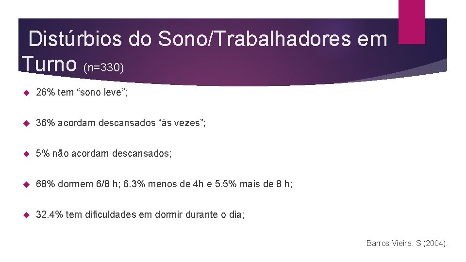 Distúrbios do Sono/Trabalhadores em Turno (n=330) 26% tem “sono leve”; 36% acordam descansados “às
