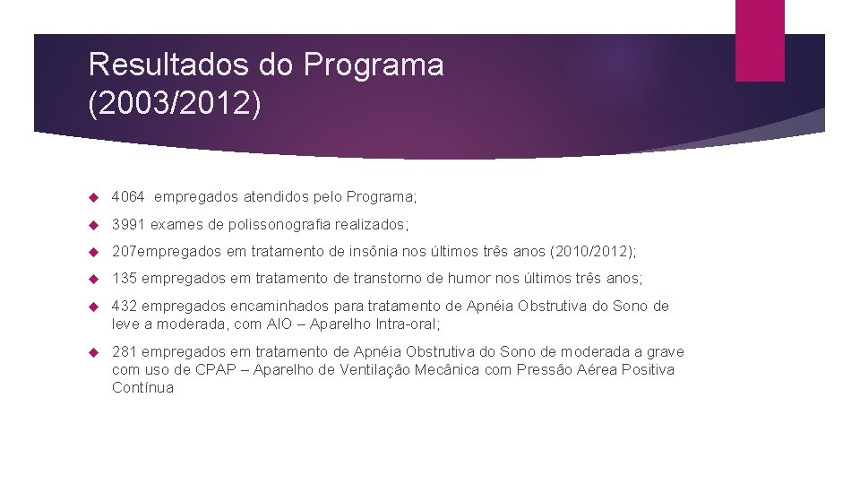 Resultados do Programa (2003/2012) 4064 empregados atendidos pelo Programa; 3991 exames de polissonografia realizados;