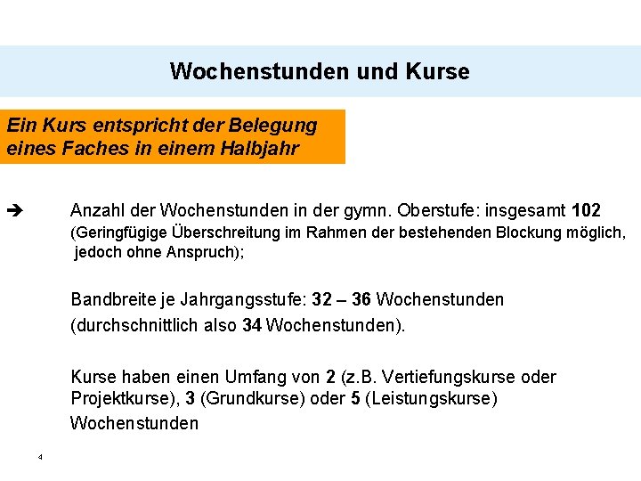 Wochenstunden und Kurse Ein Kurs entspricht der Belegung eines Faches in einem Halbjahr Anzahl