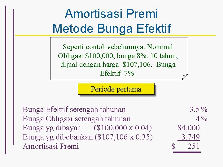 Amortisasi Premi Metode Bunga Efektif Seperti contoh sebelumnya, Nominal Obligasi $100, 000, bunga 8%,