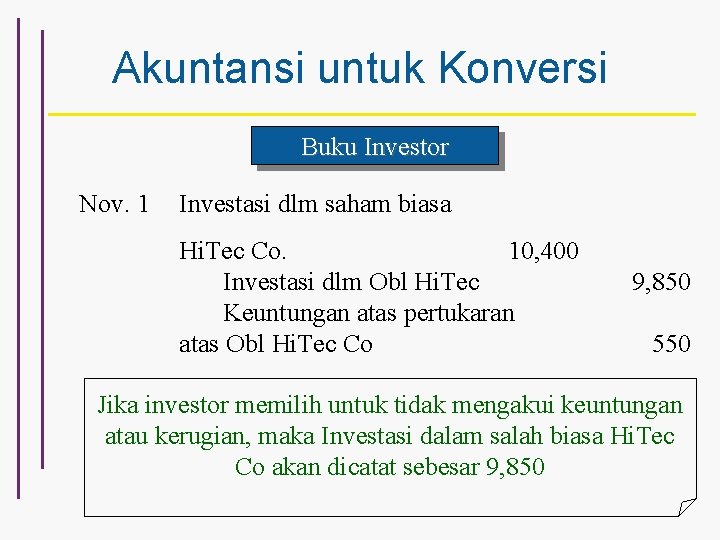 Akuntansi untuk Konversi Buku Investor Nov. 1 Investasi dlm saham biasa Hi. Tec Co.