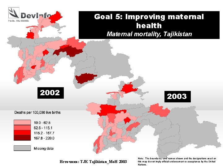 Goal 5: Improving maternal health Maternal mortality, Tajikistan 2002 2003 Источник: TJK Tajikistan_Mo. H