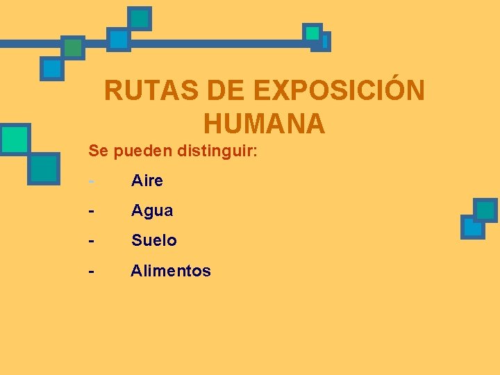 RUTAS DE EXPOSICIÓN HUMANA Se pueden distinguir: - Aire - Agua - Suelo -