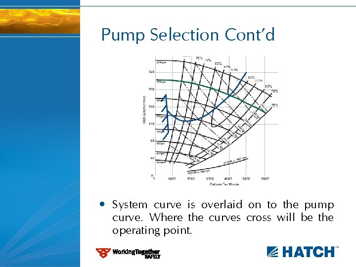 Pump Selection Cont’d • System curve is overlaid on to the pump curve. Where