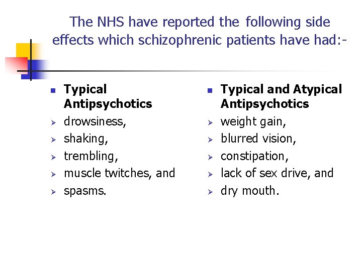 The NHS have reported the following side effects which schizophrenic patients have had: -