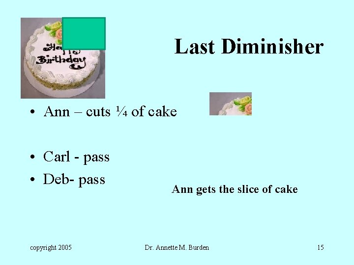 Last Diminisher • Ann – cuts ¼ of cake • Carl - pass •