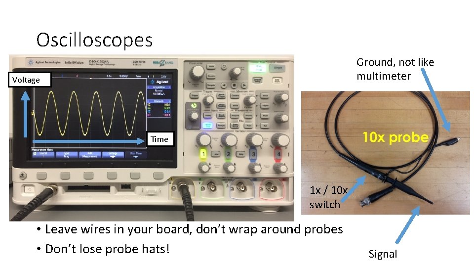 Oscilloscopes Ground, not like multimeter Voltage Time 1 x / 10 x switch •