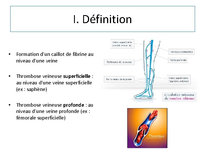 I. Définition • Formation d’un caillot de fibrine au niveau d’une veine • Thrombose