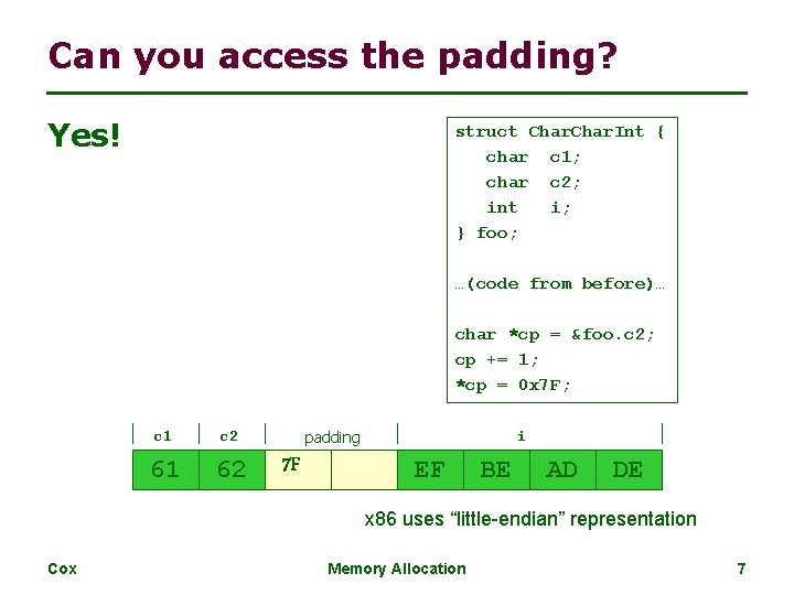 Can you access the padding? Yes! struct Char. Int { char c 1; char