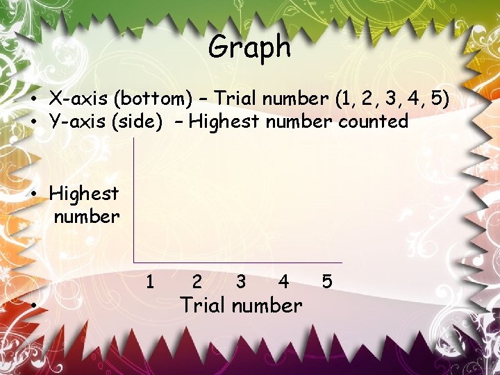 Graph • X-axis (bottom) – Trial number (1, 2, 3, 4, 5) • Y-axis