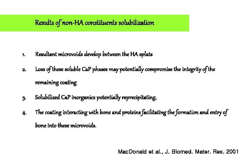 Results of non-HA constituents solubilization 1. Resultant microvoids develop between the HA splats 2.