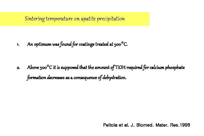 Sintering temperature on apatite precipitation 1. An optimum was found for coatings treated at