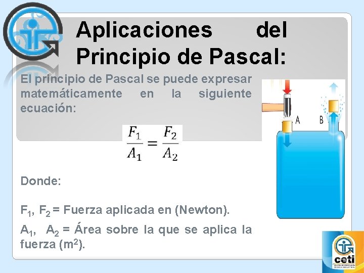 Aplicaciones del Principio de Pascal: El principio de Pascal se puede expresar matemáticamente en