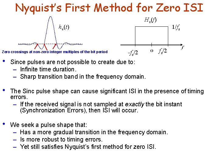 Nyquist’s First Method for Zero ISI He(f) he(t) Zero crossings at non-zero integer multiples