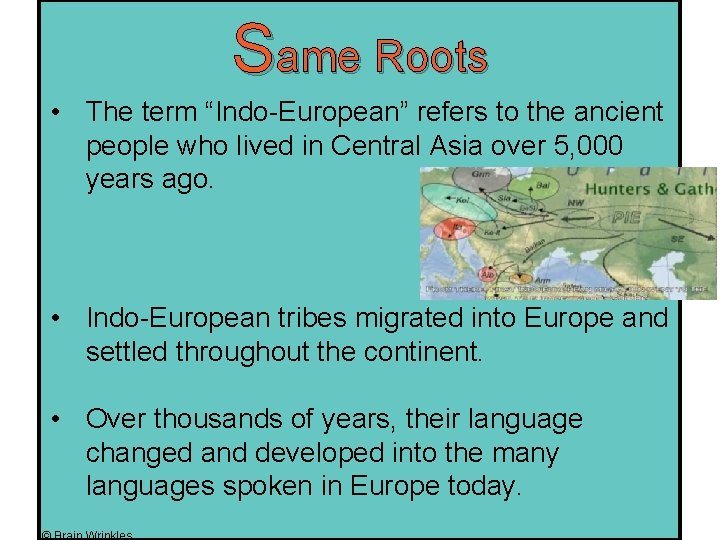 Same Roots • The term “Indo-European” refers to the ancient people who lived in