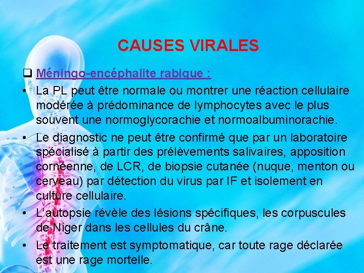 CAUSES VIRALES q Méningo-encéphalite rabique : • La PL peut être normale ou montrer