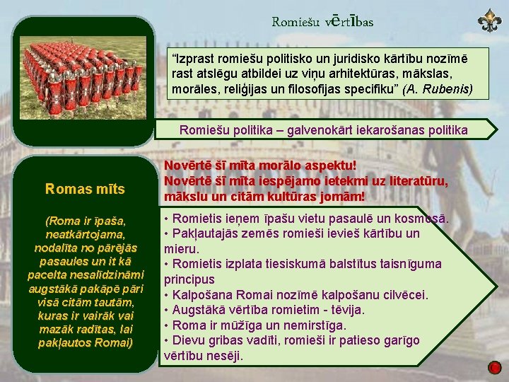 Romiešu vērtības “Izprast romiešu politisko un juridisko kārtību nozīmē rast atslēgu atbildei uz viņu