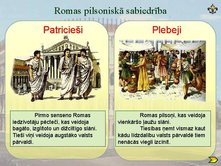 Romas pilsoniskā sabiedrība Patricieši Pirmo senseno Romas iedzīvotāju pēcteči, kas veidoja bagāto, izglītoto un