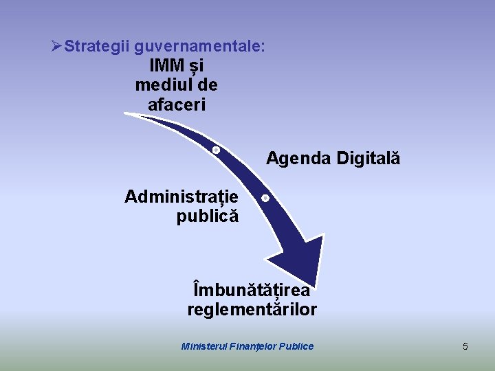 ØStrategii guvernamentale: IMM și mediul de afaceri Agenda Digitală Administrație publică Îmbunătățirea reglementărilor Ministerul