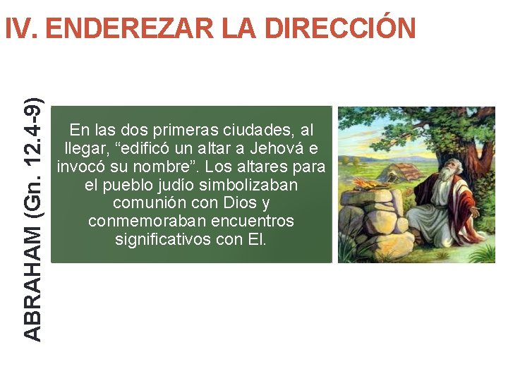 ABRAHAM (Gn. 12. 4 -9) IV. ENDEREZAR LA DIRECCIÓN En las dos primeras ciudades,
