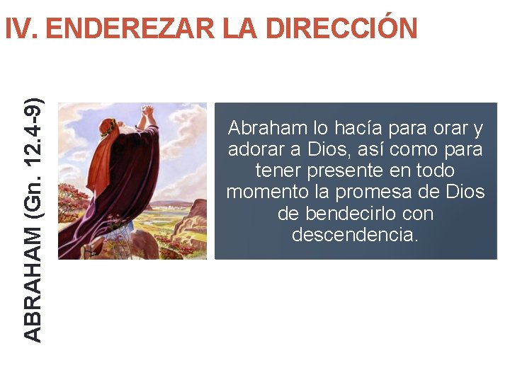 ABRAHAM (Gn. 12. 4 -9) IV. ENDEREZAR LA DIRECCIÓN Abraham lo hacía para orar