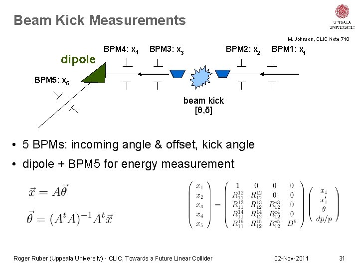 Beam Kick Measurements M. Johnson, CLIC Note 710 dipole BPM 4: x 4 BPM