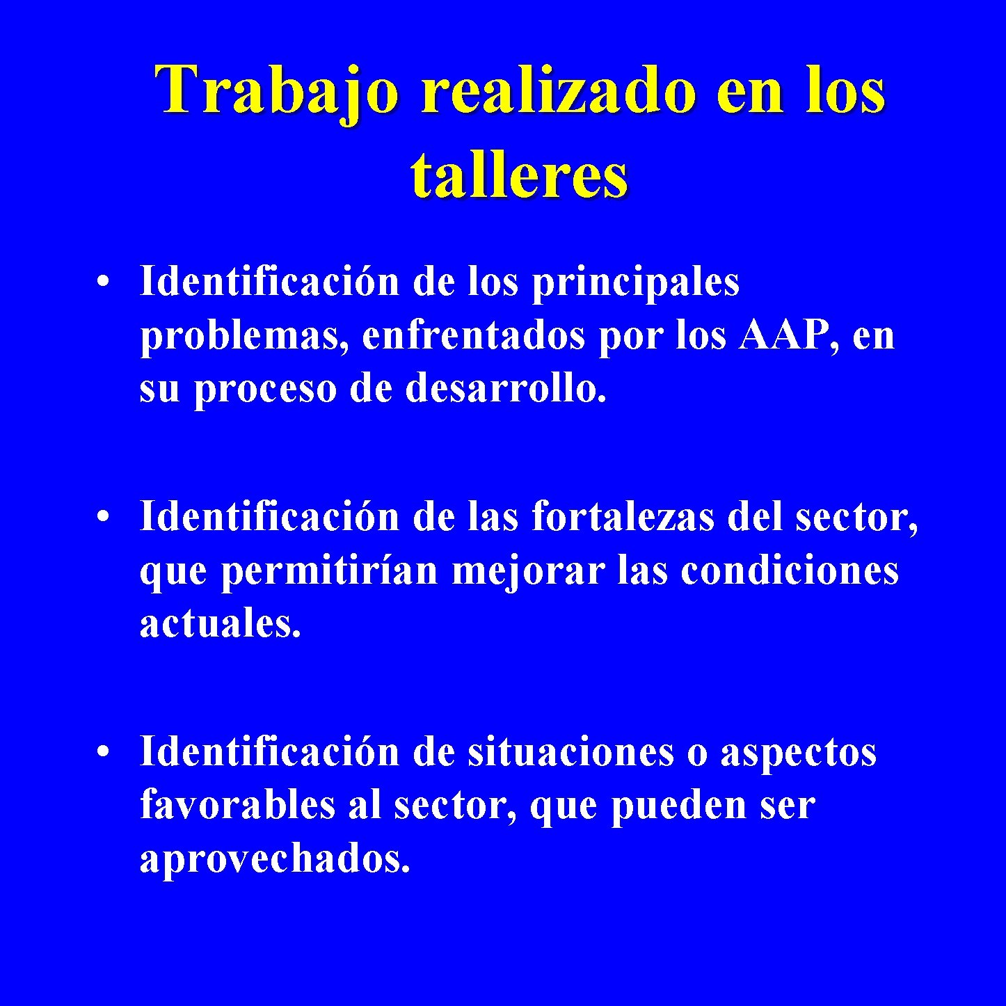 Trabajo realizado en los talleres • Identificación de los principales problemas, enfrentados por los