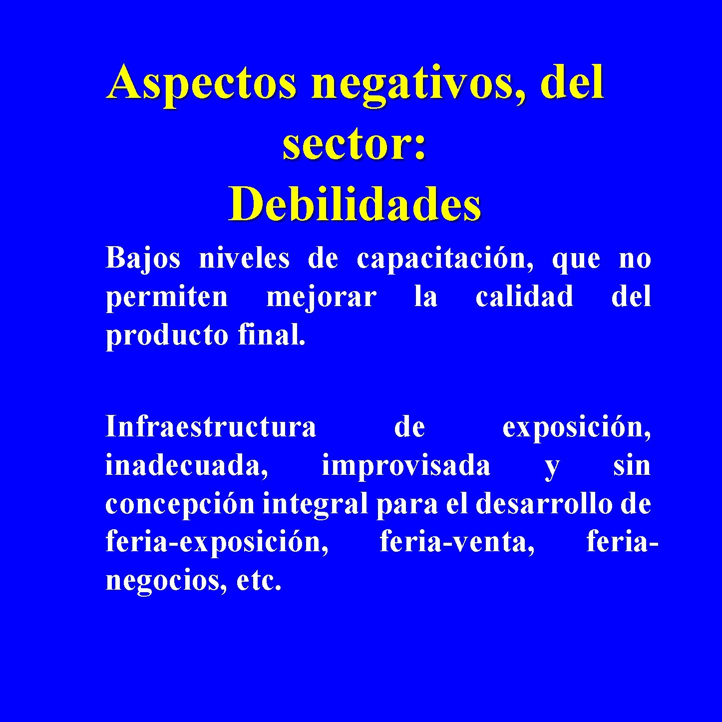 Aspectos negativos, del sector: Debilidades Bajos niveles de capacitación, que no permiten mejorar la