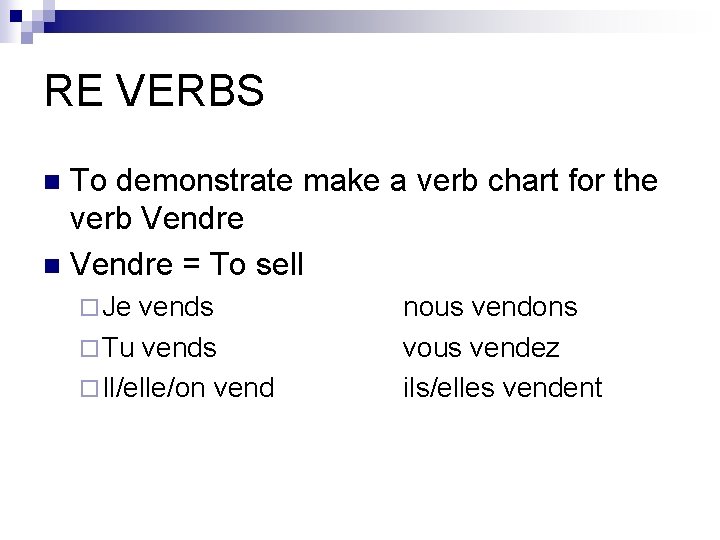 RE VERBS To demonstrate make a verb chart for the verb Vendre n Vendre