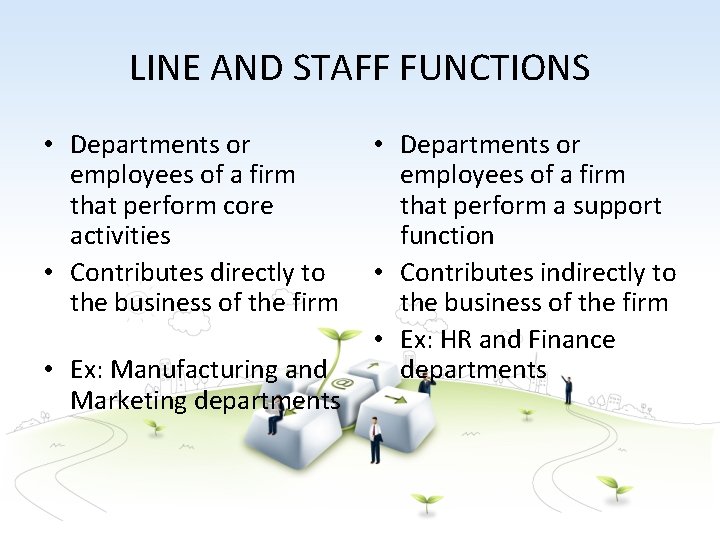 LINE AND STAFF FUNCTIONS • Departments or employees of a firm that perform core