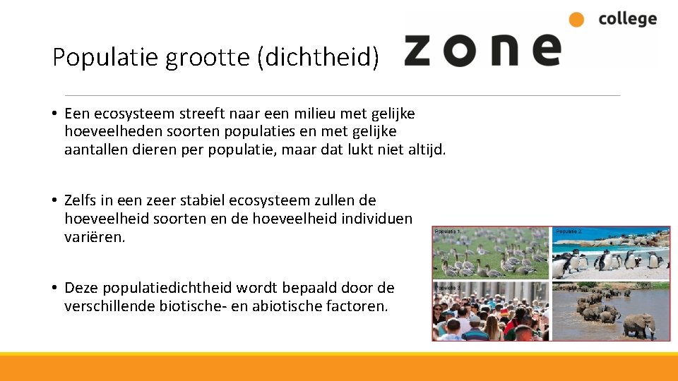 Populatie grootte (dichtheid) • Een ecosysteem streeft naar een milieu met gelijke hoeveelheden soorten