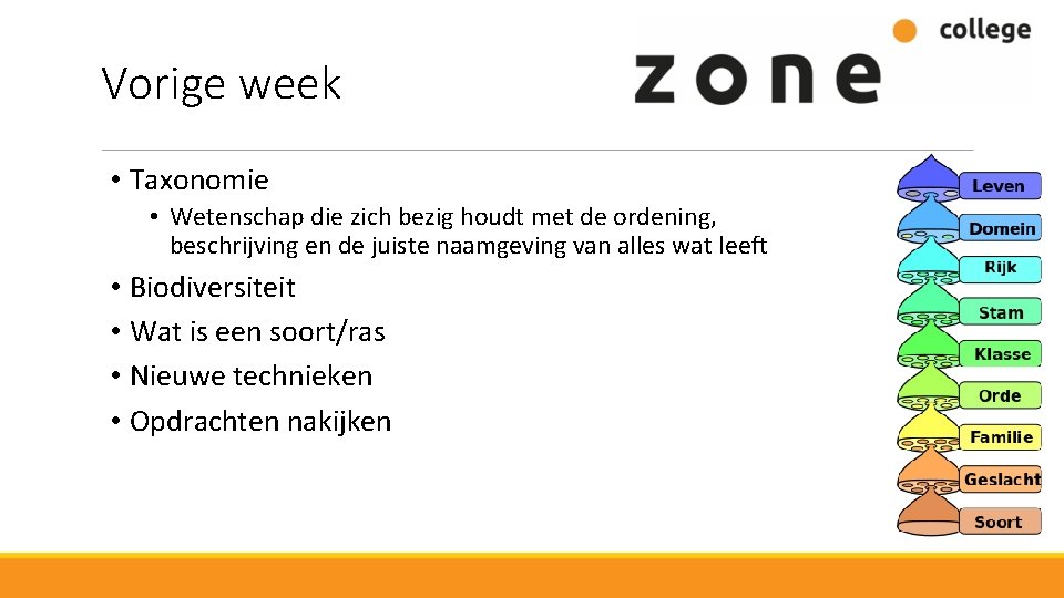 Vorige week • Taxonomie • Wetenschap die zich bezig houdt met de ordening, beschrijving