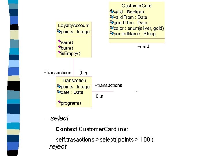– select Context Customer. Card inv: self. trasactions->select( points > 100 ) –reject 