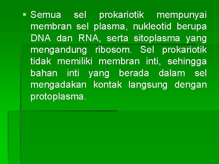§ Semua sel prokariotik mempunyai membran sel plasma, nukleotid berupa DNA dan RNA, serta