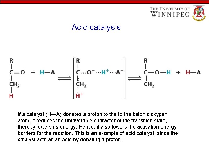 Acid catalysis If a catalyst (H—A) donates a proton to the keton’s oxygen atom,