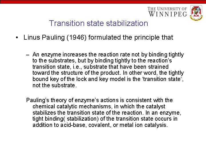 Transition state stabilization • Linus Pauling (1946) formulated the principle that – An enzyme