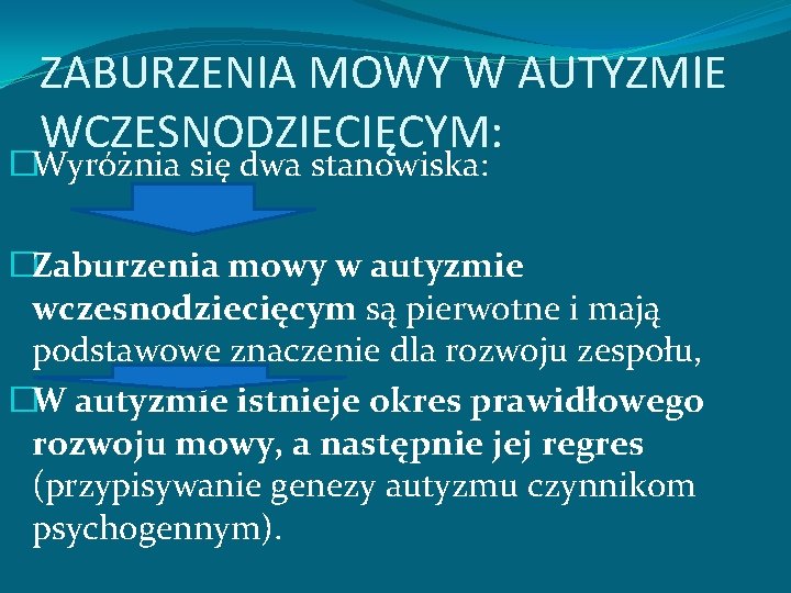 ZABURZENIA MOWY W AUTYZMIE WCZESNODZIECIĘCYM: �Wyróżnia się dwa stanowiska: �Zaburzenia mowy w autyzmie wczesnodziecięcym