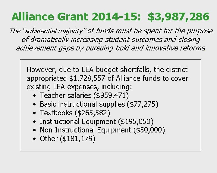 Alliance Grant 2014 -15: $3, 987, 286 The “substantial majority” of funds must be