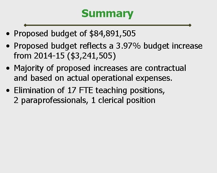 Summary • Proposed budget of $84, 891, 505 • Proposed budget reflects a 3.