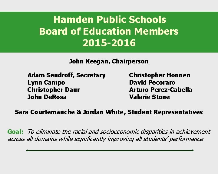 Hamden Public Schools Board of Education Members 2015 -2016 John Keegan, Chairperson Adam Sendroff,