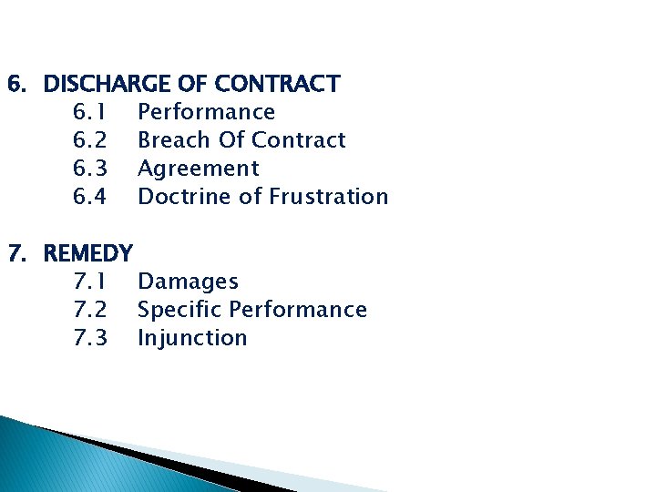 6. DISCHARGE OF CONTRACT 6. 1 Performance 6. 2 Breach Of Contract 6. 3