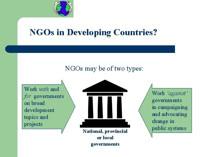 NGOs in Developing Countries? NGOs may be of two types: Work with and for