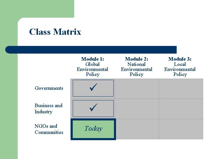 Class Matrix Module 1: Global Environmental Policy Governments Business and Industry NGOs and Communities